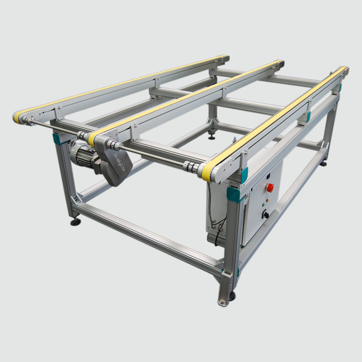 Mehrspuriges Transportband MTB für grössere Werkstücke. - The MTB multitrack conveyor for large workpieces.