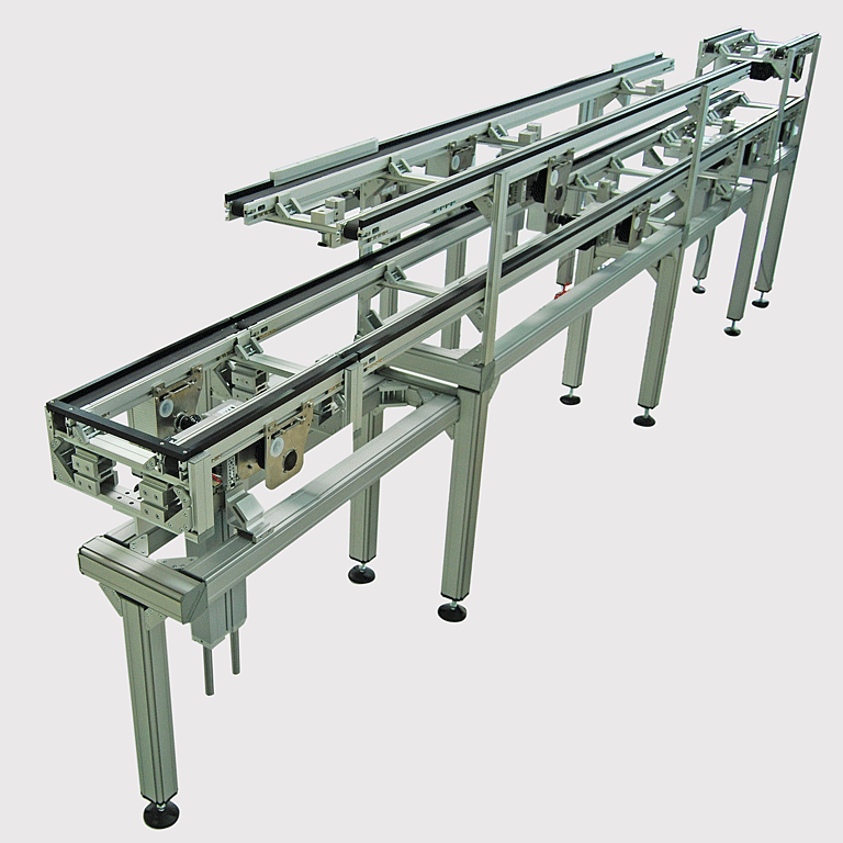 Umlaufsystem aus TB30 Förderbändern mit Liften. - Circulating system consists of TB30 conveyors with elevators.